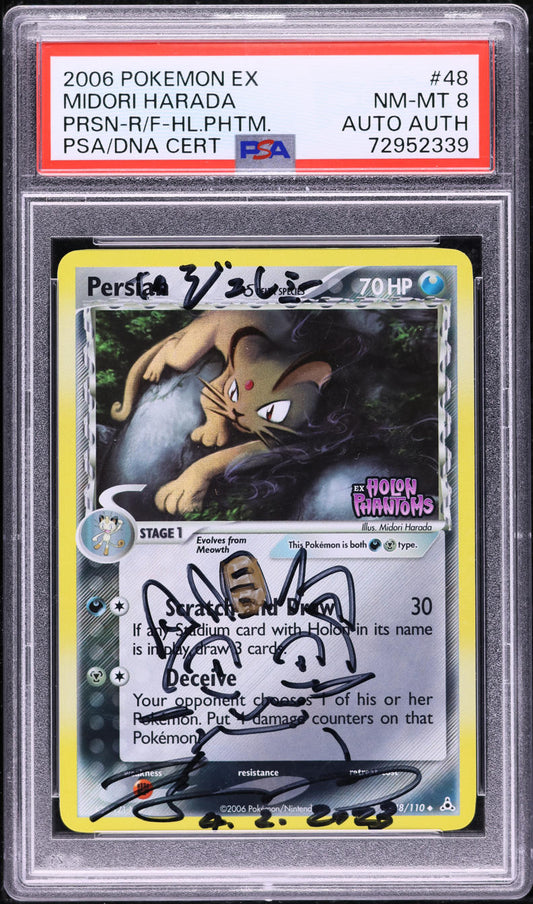 2006 POKEMON EX HOLON PHANTOMS REVERSE HOLO PERSIAN #48 HARADA AUTO AUTH PSA 8