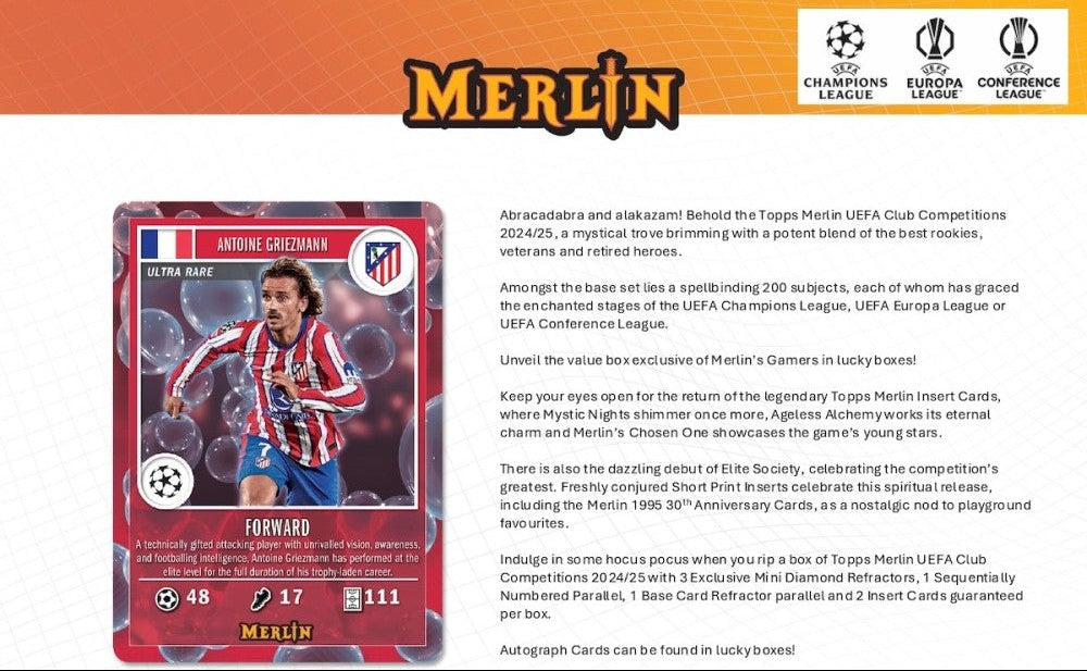 2024-25 Topps UEFA Club Competitions Merlin Chrome Soccer Breaker's Delight 6 Box Case