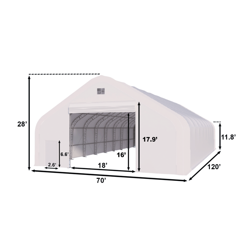 W 70FT x L 120FT x H 28FT Double Truss Storage Shelter