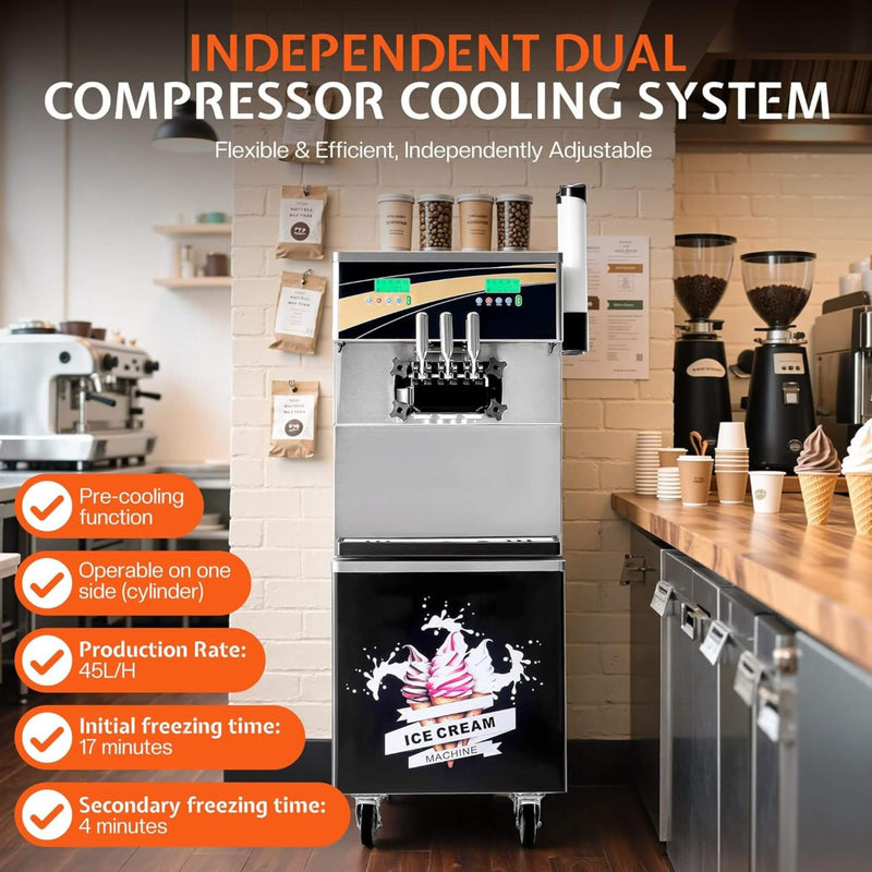 Heavy-Duty 45L/H 3-Flavor Dual Compressor Commercial Soft Serve Ice Cream Machine